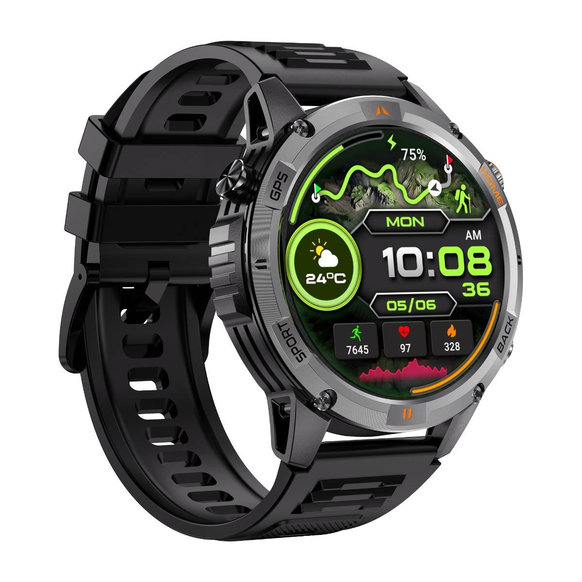 Robuste schwarze digitale Smartwatch mit rundem Display, das 10:08 Uhr, Montag, 24°C, Akkuladung 75% und Fitness-Statistiken anzeigt.