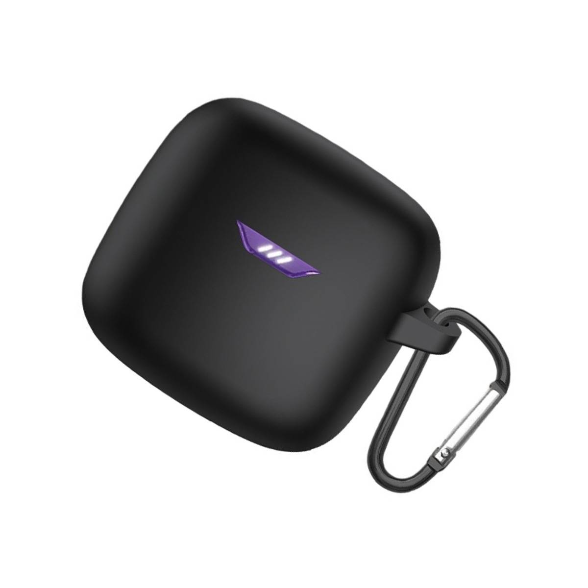 Schwarzes quadratisches kabelloses Etui zum Laden von Ohrhörern mit violettem Logo und befestigtem Karabinerhaken