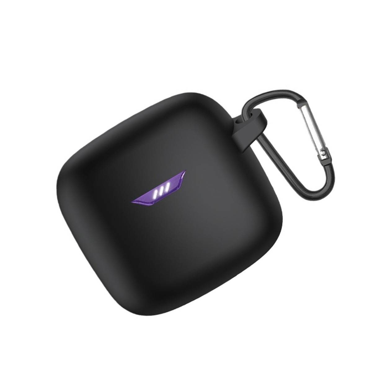 Schwarzes quadratisches Ladegehäuse für Ohrhörer mit violettem Logo und angebrachtem Karabinerhaken