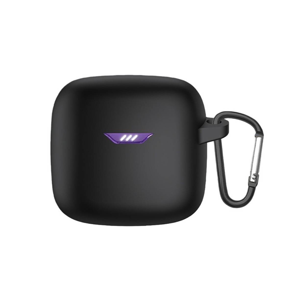 Schwarze kabellose In-Ear-Kopfhörer mit Ladecase und angebrachtem Karabiner, auf weißem Hintergrund abgebildet, mit einem kleinen violetten Licht auf der Vorderseite.