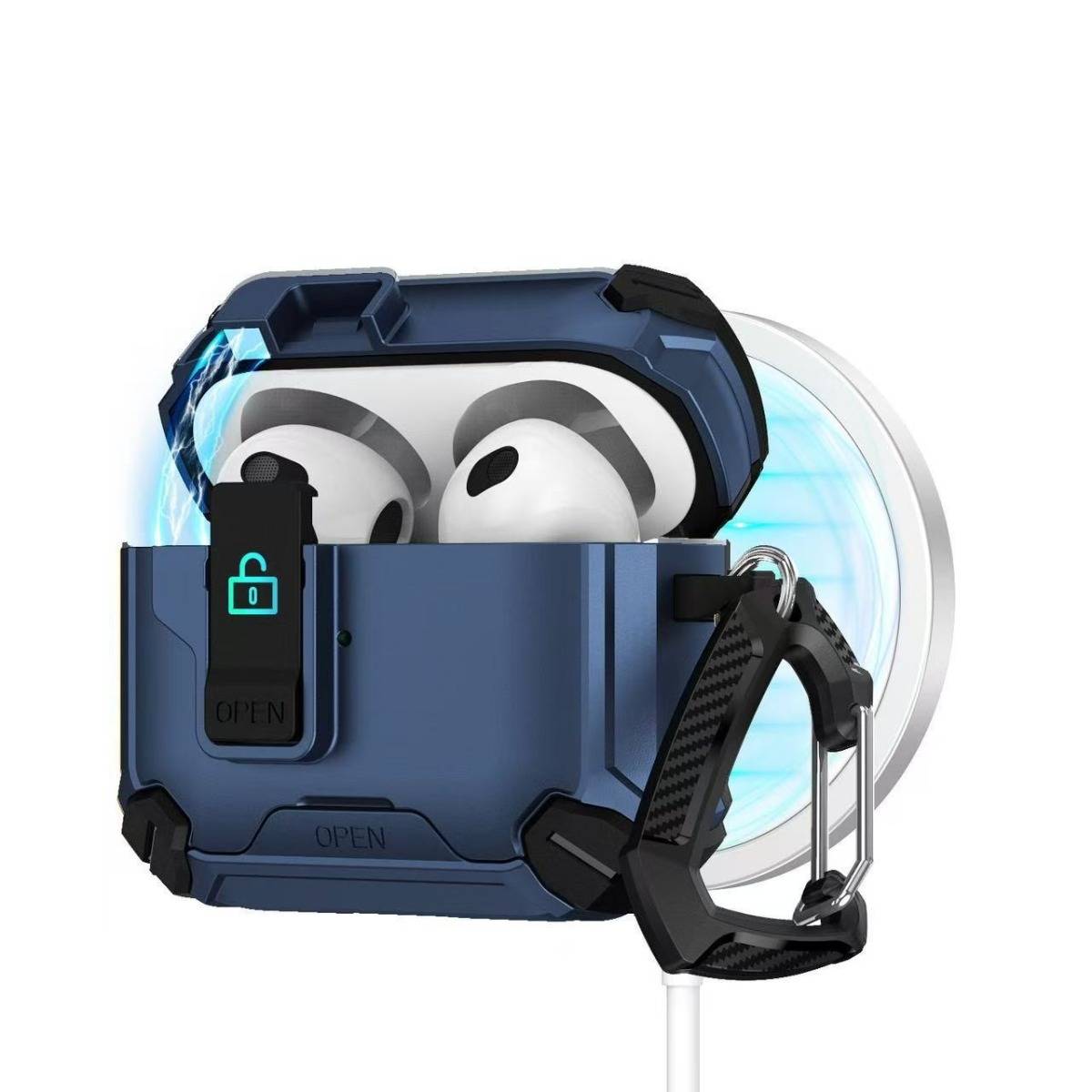 Blauer Schutzkasten für Ohrstöpsel mit AirPods innen, vordere Verriegelungsklemme und angebrachter Karabiner, geöffnet auf weißem Hintergrund dargestellt.