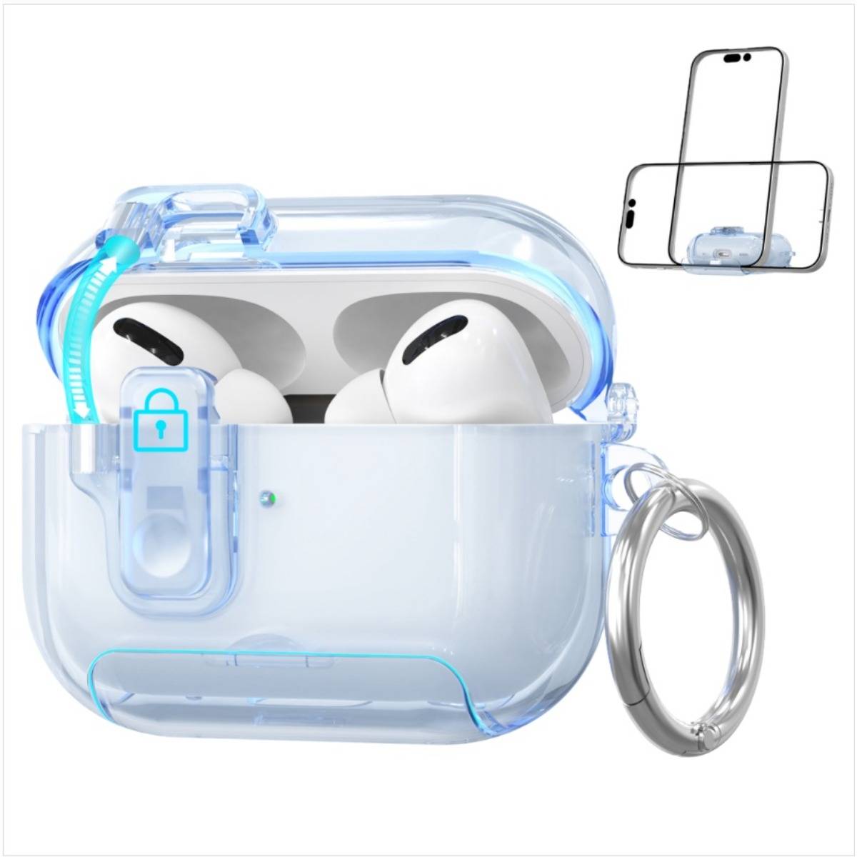 Transparente Schutzschutzhülle für AirPods mit Schlosssymbol und Ringclip, gezeigt mit Ohrhörern im Inneren und einer Telefonständerhalterung auf weißem Hintergrund.