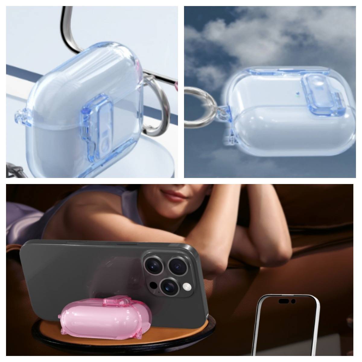Transparente Schutzhüllen gezeigt an einem Schlüsselanhänger und als rosa Ständer für ein Smartphone, die die Verwendung von Zubehör und die Passform demonstrieren.