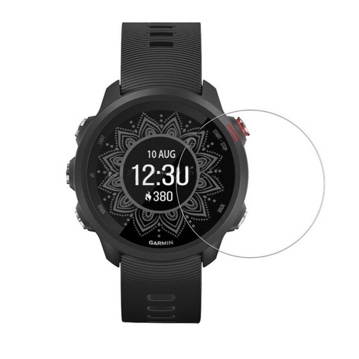 Schwarze Garmin-Smartwatch mit rundem digitalem Display, das 12:30 Uhr, Datum 10. AUG und 380 Schritte anzeigt; eine leere kreisförmige Legende erscheint auf der rechten Seite.