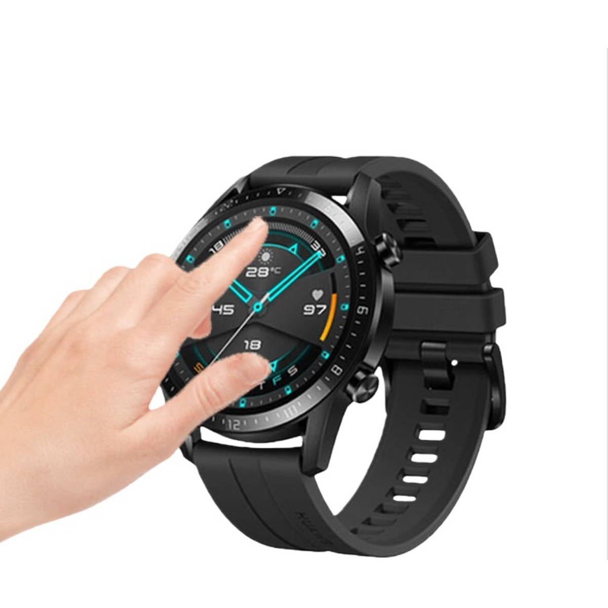 Eine Hand tippt auf ein schwarzes Touchscreen-Smartwatch-Display mit Gesundheits- und Zeitdaten auf weißem Hintergrund.