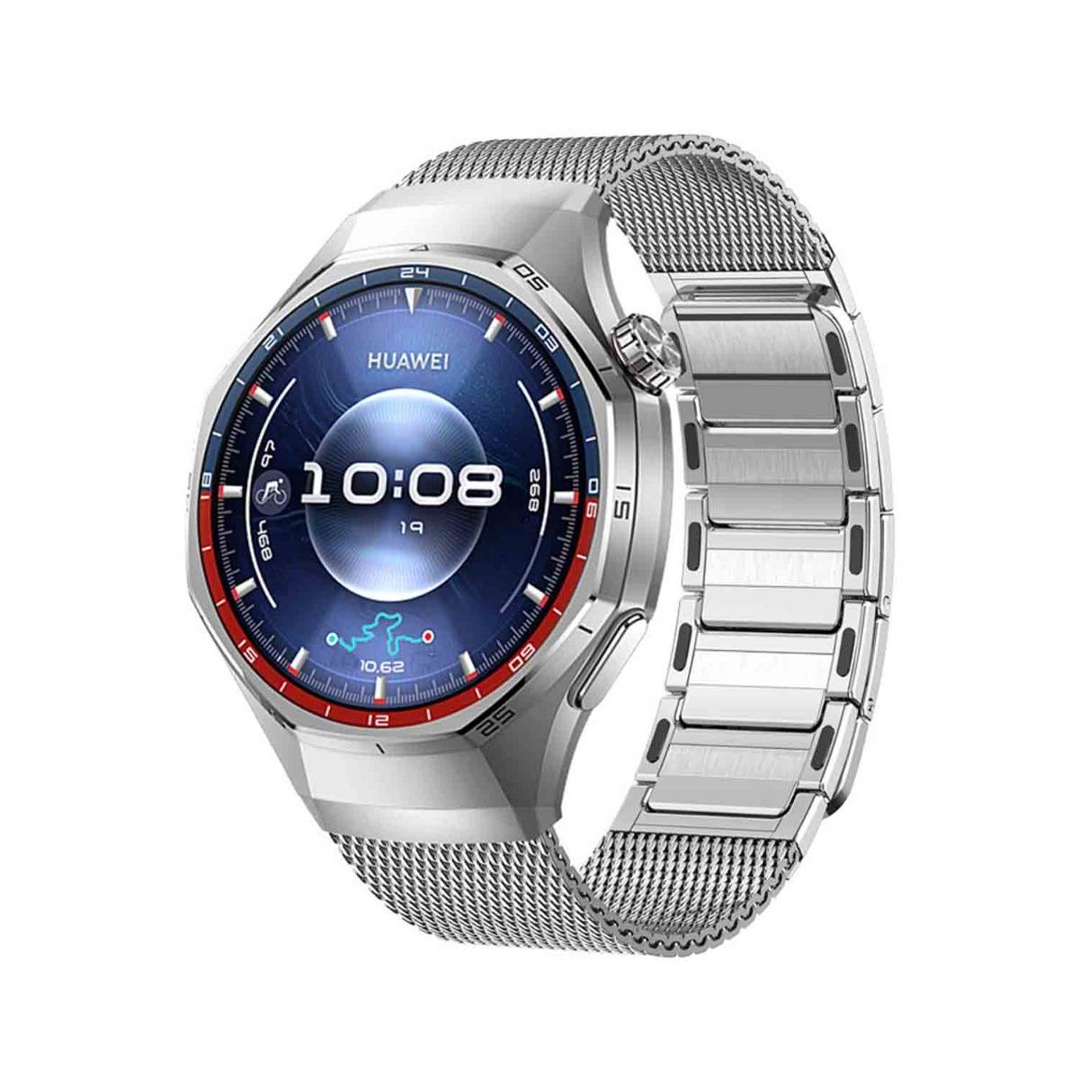 Silberne Huawei-Smartwatch mit blauem Rundbildschirm, der 