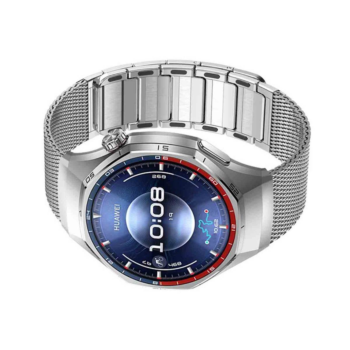 Silberne Huawei-Smartwatch mit rundem blauem digitalen Display und Metallnetzband, von vorne auf weißem Hintergrund gezeigt.