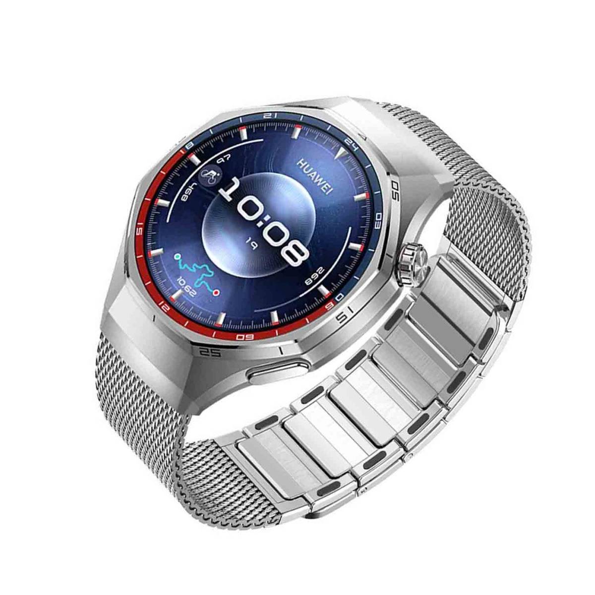 Silberne Huawei-Smartwatch mit Metallnetz und Gliederkette, rundes digitales Display zeigt 10:08