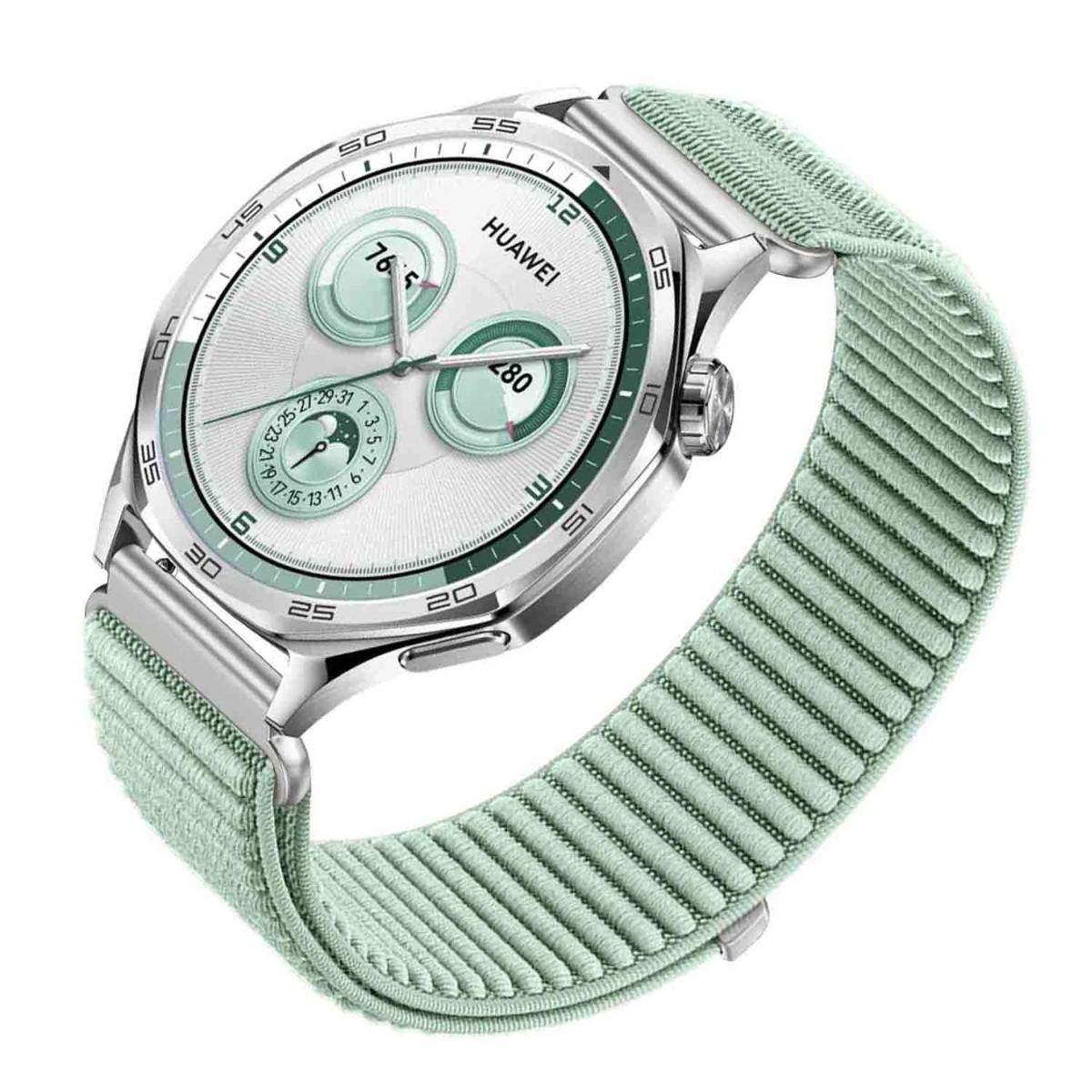 Huawei-Smartwatch mit silbernem rundem Gehäuse und mintgrünem gewebtem Armband, das drei Zifferblatt-Komplikationen auf weißem Hintergrund zeigt.