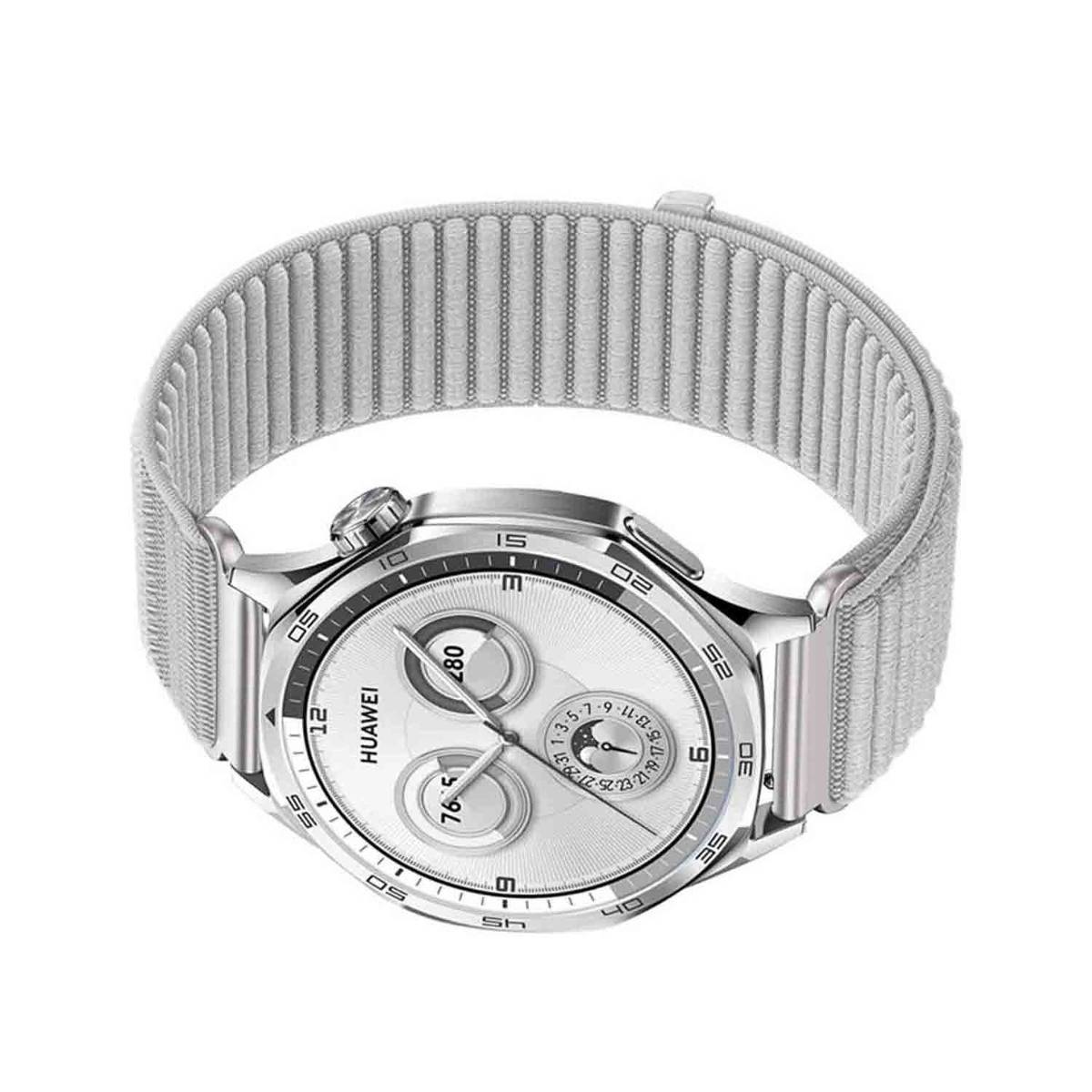 Silberne Huawei-Armbanduhr mit hellgrauem strukturiertem Armband und weißem Zifferblatt, Vorderansicht auf einfachem weißem Hintergrund.