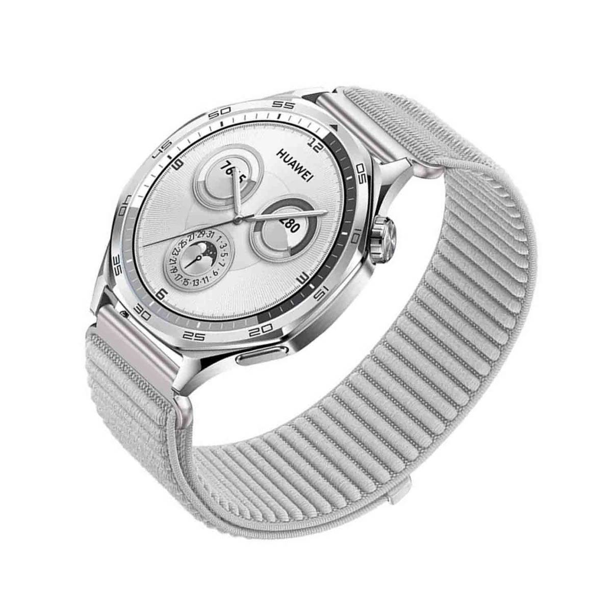 Silberne Huawei-Armbanduhr mit analogem Zifferblatt und hellgrauem Wovensarmband auf weißem Hintergrund.