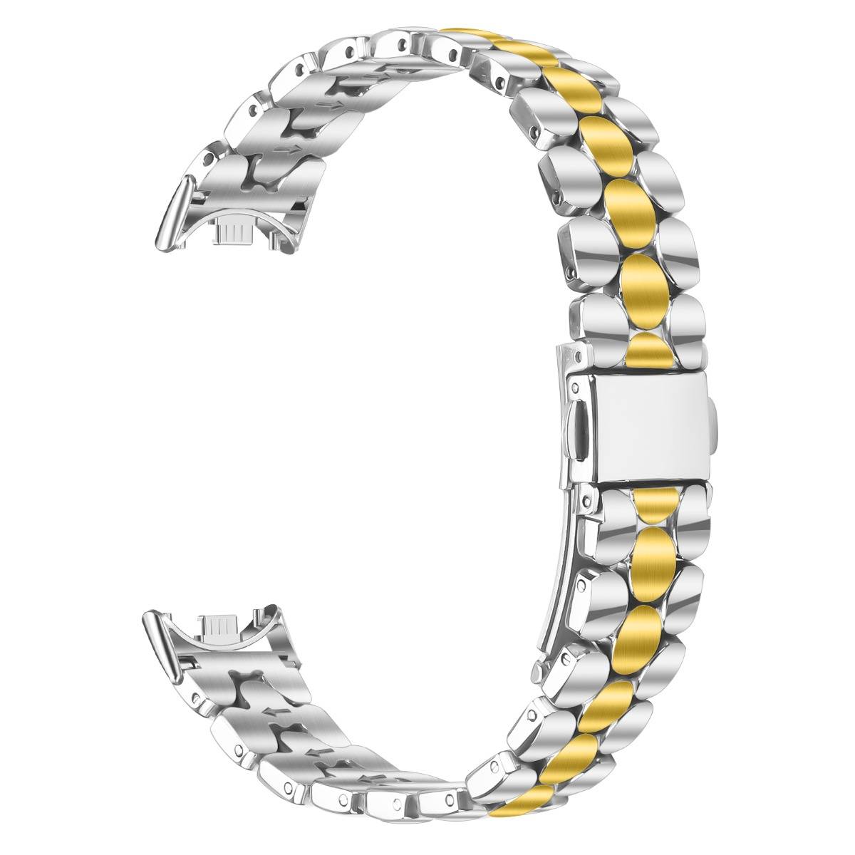Silber- und Goldmetall-Uhrenarmband mit offenem Verschluss, isoliert auf weißem Hintergrund.