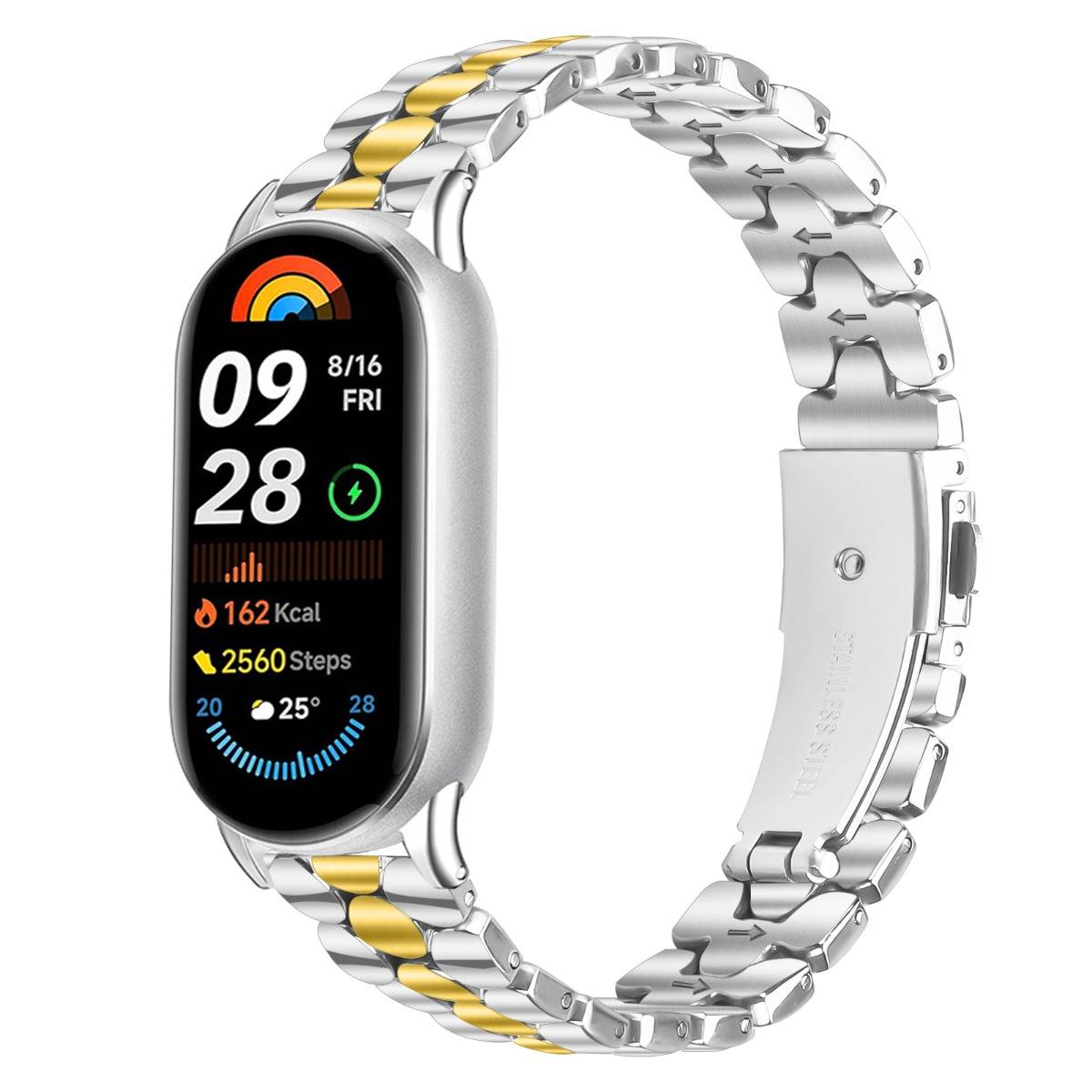 Silberne Fitness-Smartwatch mit Metallband und schwarzem Display, das 09:28, Fr. 8/16, 162 Kcal, 2560 Schritte und 25° Wetter anzeigt.