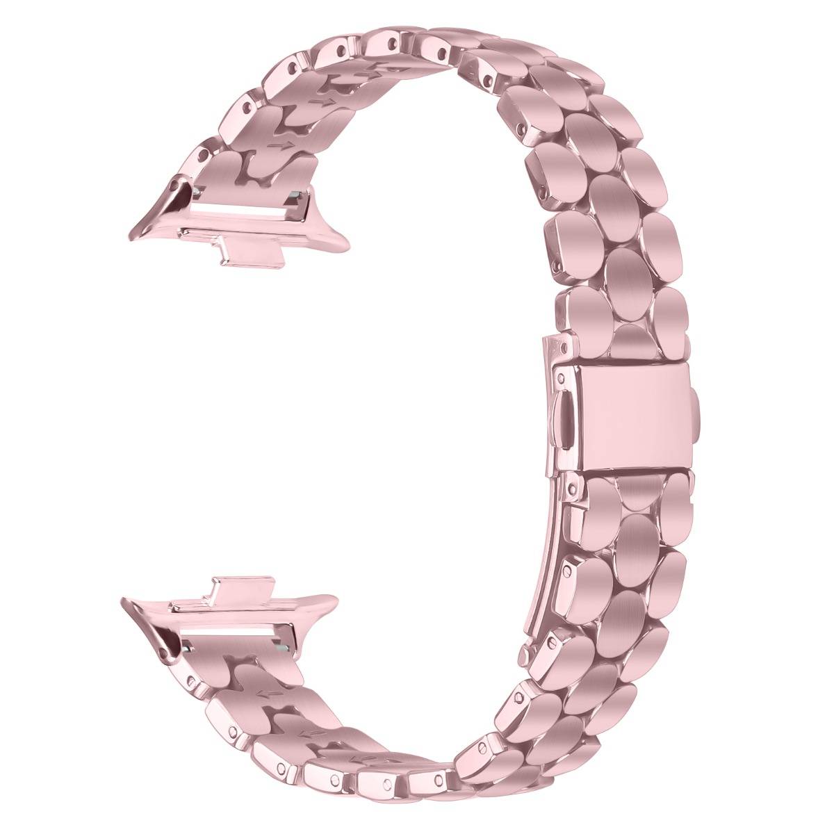 Roségold-Metallarmband mit gekrümmtem Gliedarmband und Verschluss, isoliert auf weißem Hintergrund gezeigt.
