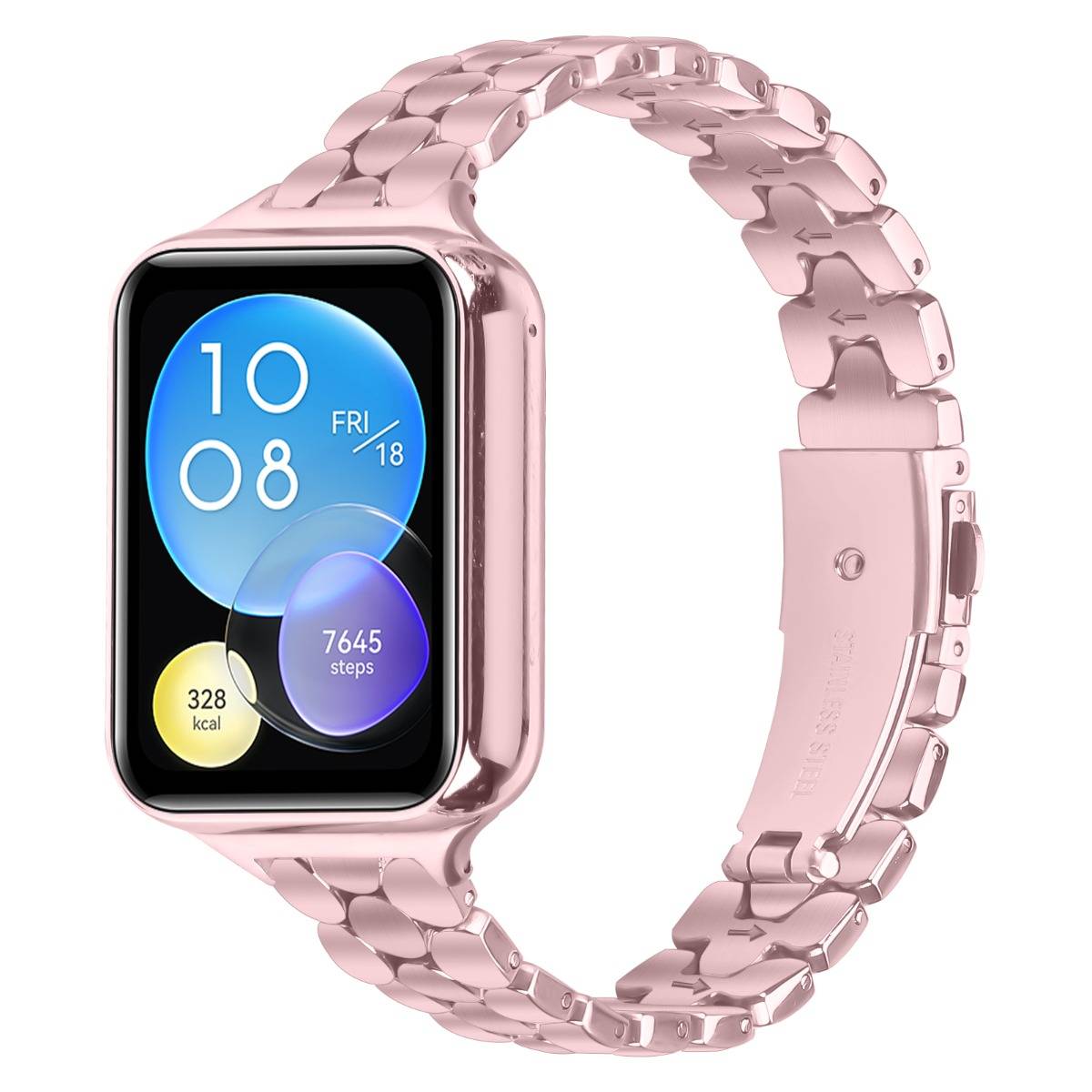 Rosa Smartwatch mit einem Roségold-Metallarmband, das ein digitales Zifferblatt mit Schritten, Kalorien und Datum auf weißem Hintergrund anzeigt.