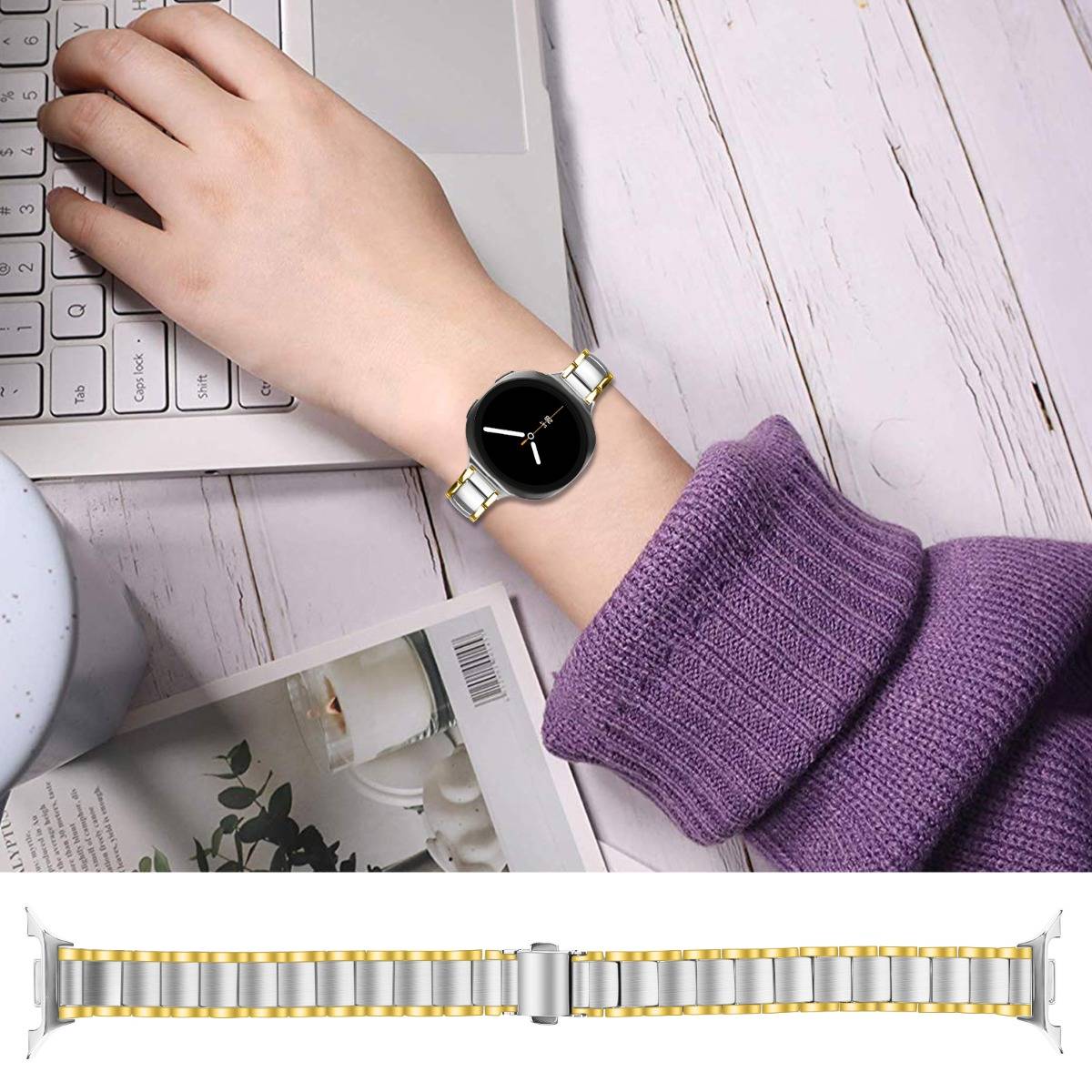 Elegantes Edelstahl-Dreifachperlenarmband kompatibel mit Samsung Galaxy Watch8/8 Classic silver+gold