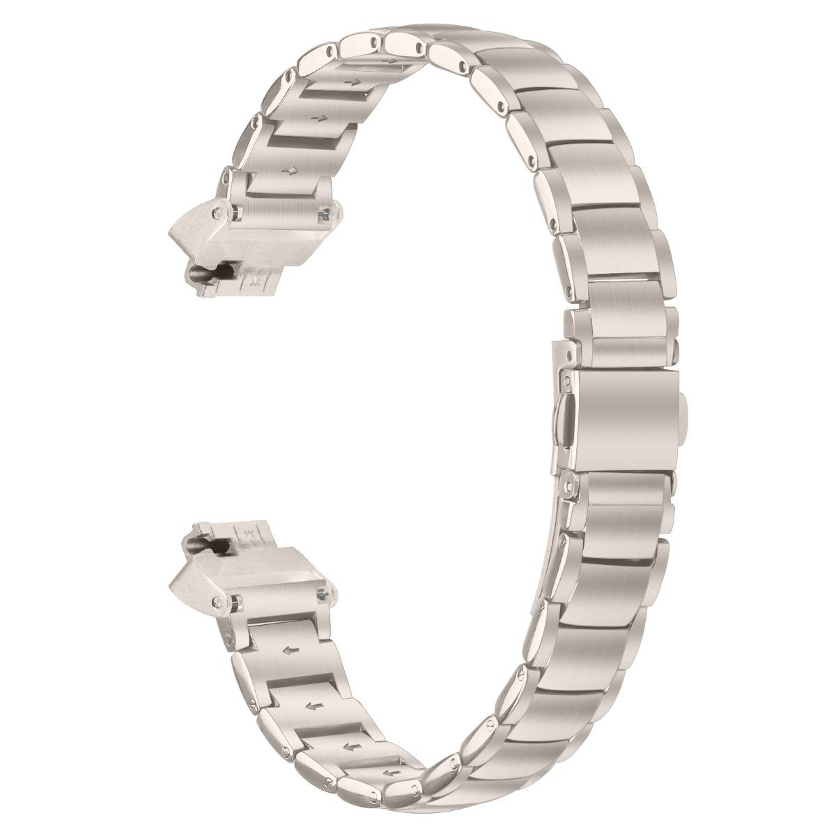 Silbernes Metallwatchband, das auf weißem Hintergrund in C-Form geschlossen ist.