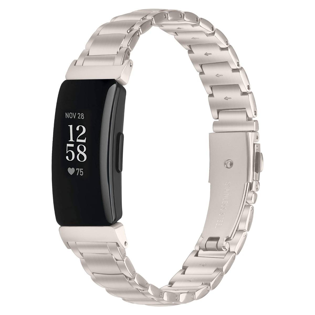 Silberner Fitness-Tracker mit schwarzem Display, das "NOV 28"", die Uhrzeit 12:58 und eine Herzfrequenz von 75 auf einem Metallgliedband anzeigt.