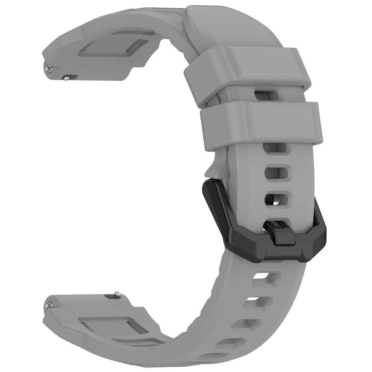 Graues Smartwatch-Armband mit gebogenem Silikonriemen und schwarzer Schnallenschließe, isoliert auf weißem Hintergrund dargestellt.