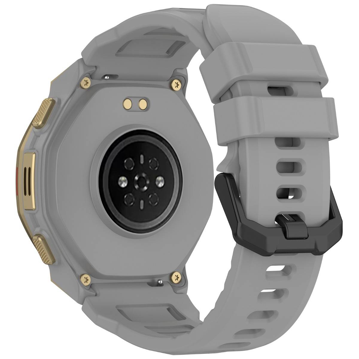 Graue robuste Smartwatch mit schwarzem rundem Sensorrücken und Silikonarmband, angewinkelt dargestellt, um das hintere Gehäuse und das Armband zu zeigen.