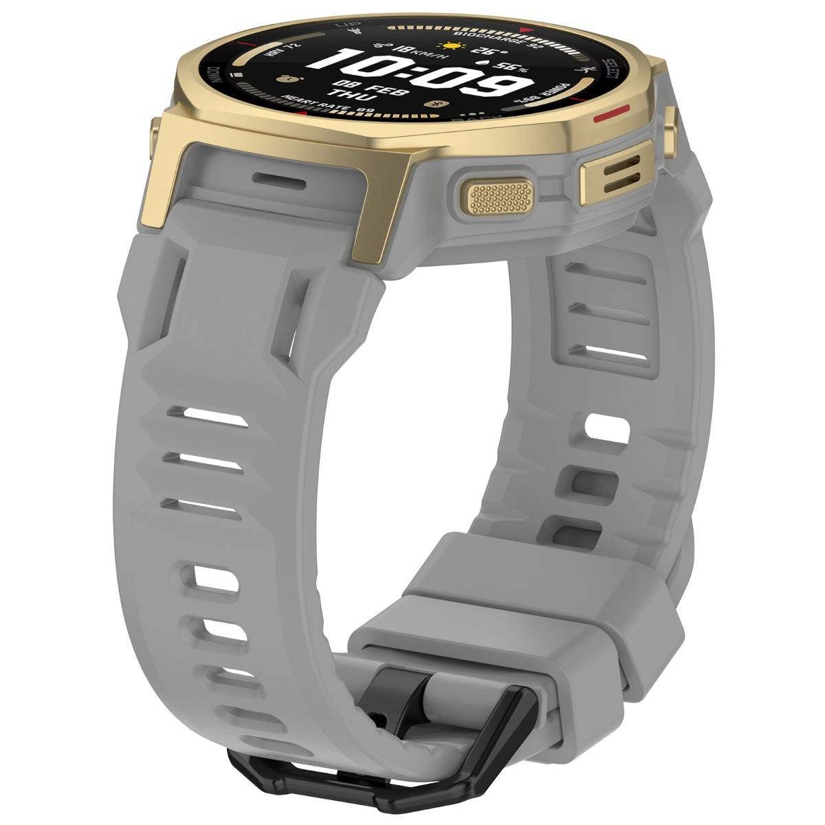 Eine gold- und graufarbene digitale Smartwatch mit rundem Display und Silikonarmband, angewinkelt auf weißem Hintergrund dargestellt.