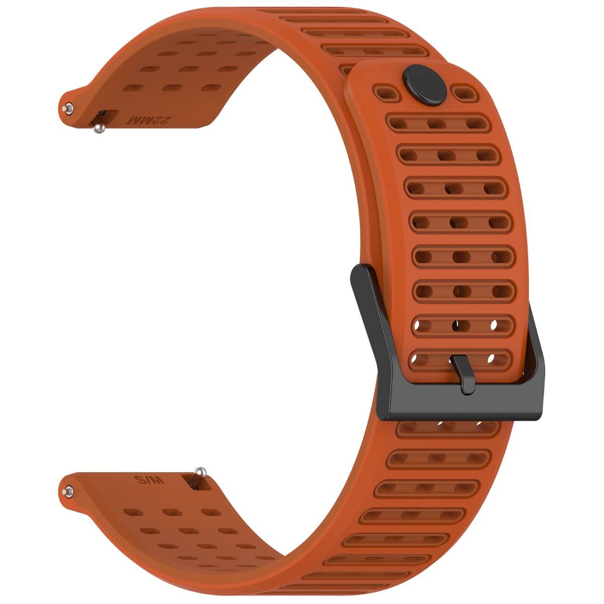 Orange perforierte Silikon-Smartwatch-Armband mit schwarzer Schnalle und Verstelllöchern auf weißem Hintergrund.