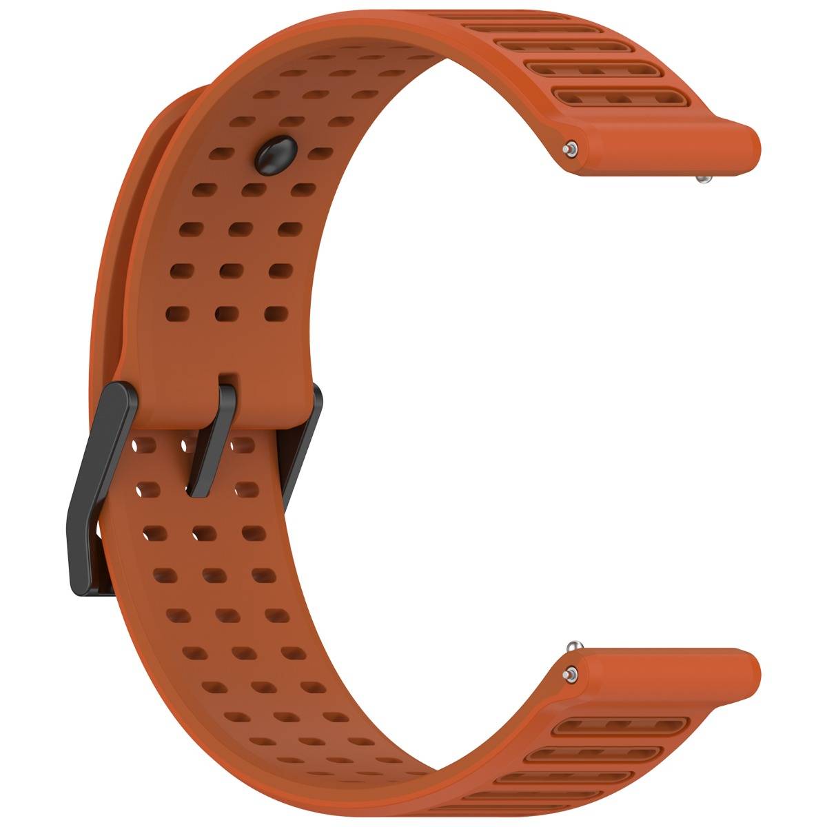 Orange perforiertes Smartwatch-Armband mit schwarzer Schließe und Schnalle, isoliert auf weißem Hintergrund dargestellt.