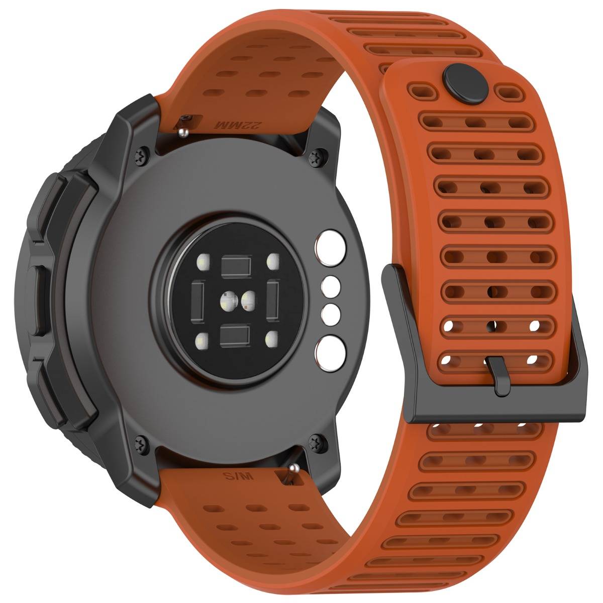 Rückansicht einer schwarzen Smartwatch mit orange perforiertem Sportarmband, die Pulssensoren und Seitentasten zeigt.