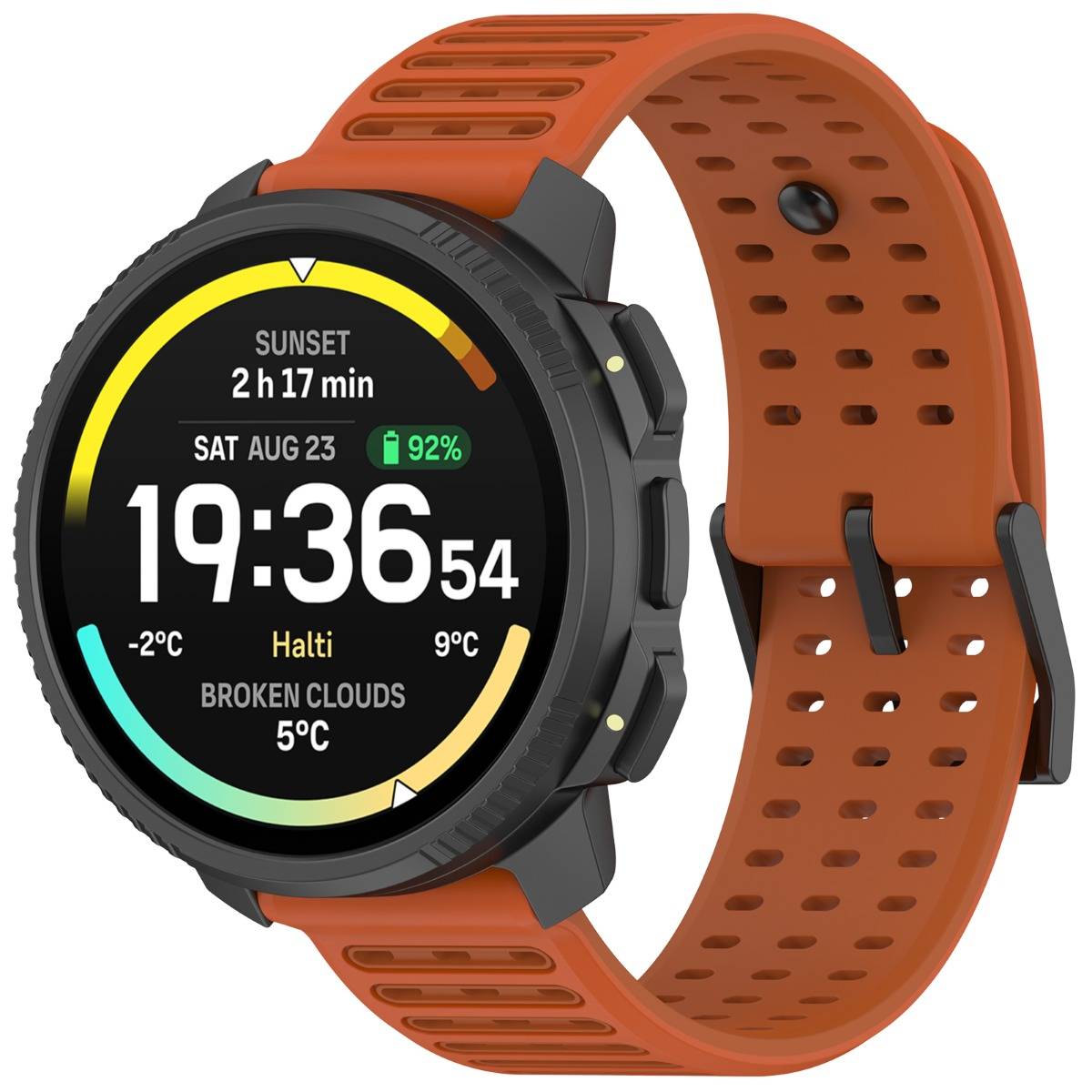 Schwarze Smartwatch mit orangenem Armband, das ein digitales Zifferblatt zeigt: 19:36:54, Sa 23. Aug, 92% Akku, Sonnenuntergang in 2 Std 17 Min, -2°C und Wolkenbruch in Halti.