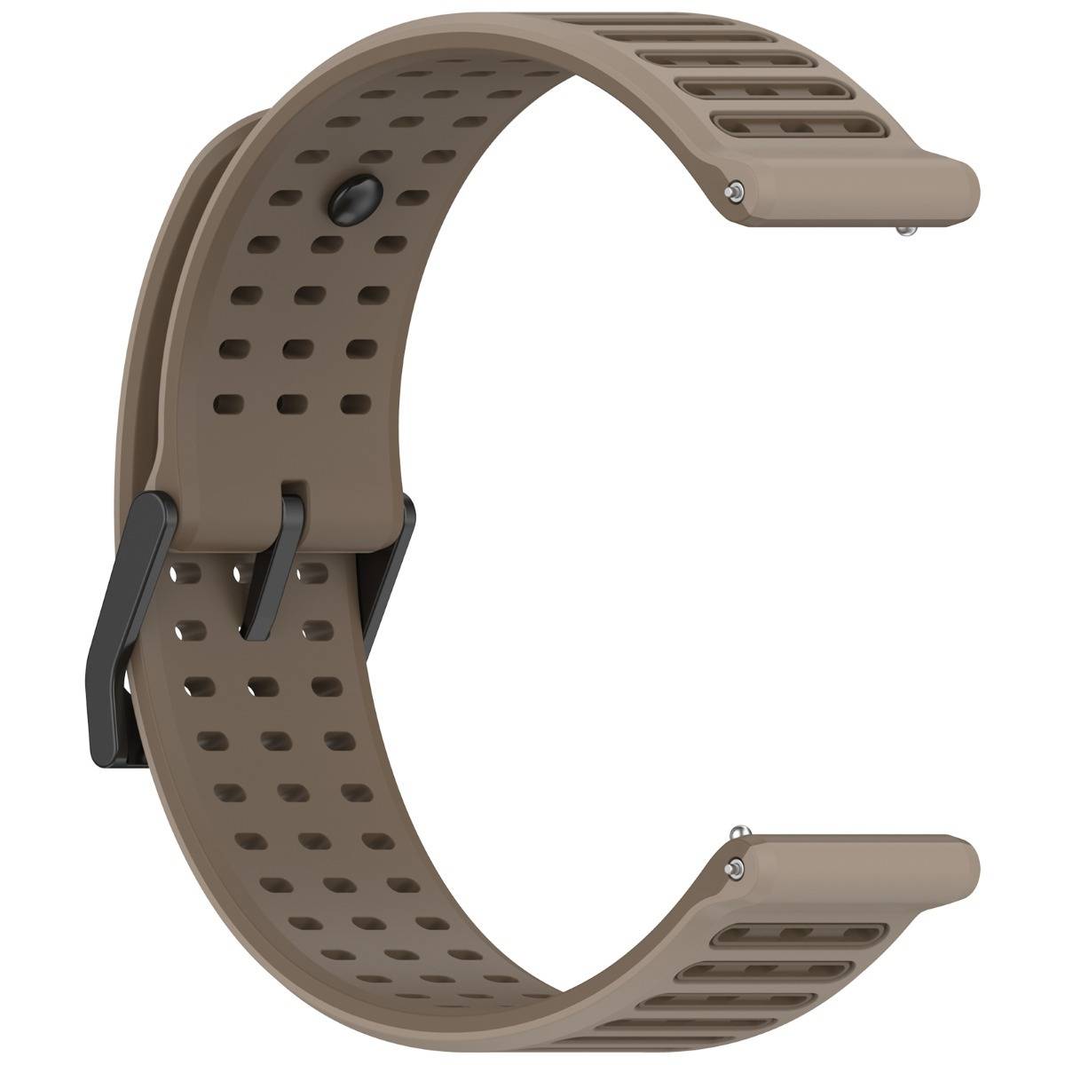 Braune durchlöcherte Smartwatch-Armband mit schwarzer Schnalle und verstellbarem Verschluss, isoliert auf weißem Hintergrund gezeigt.
