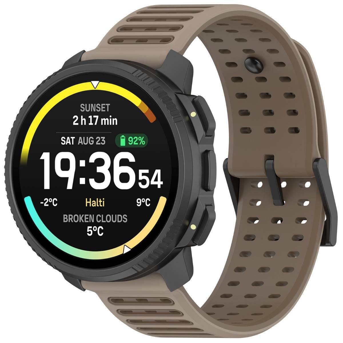 Smartwatch mit kreisförmigem digitalem Display, das 19:36:54 anzeigt, Samstag 23. August, 92% Akku, Sonnenuntergang in 2 Std. 17 Min., und Wetter für Halti: -2°C, Wolkenbruch, 5°C.