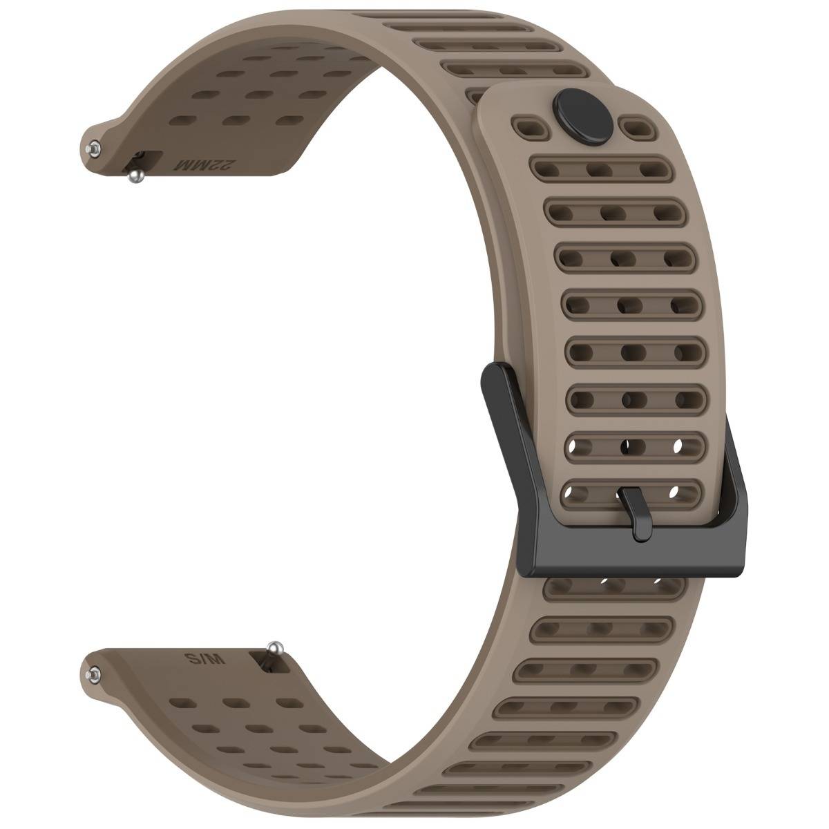 Braunes durchbrochenes Smartwatch-Armband mit schwarzer Schnalle und Verschluss, auf weißem Hintergrund dargestellt.
