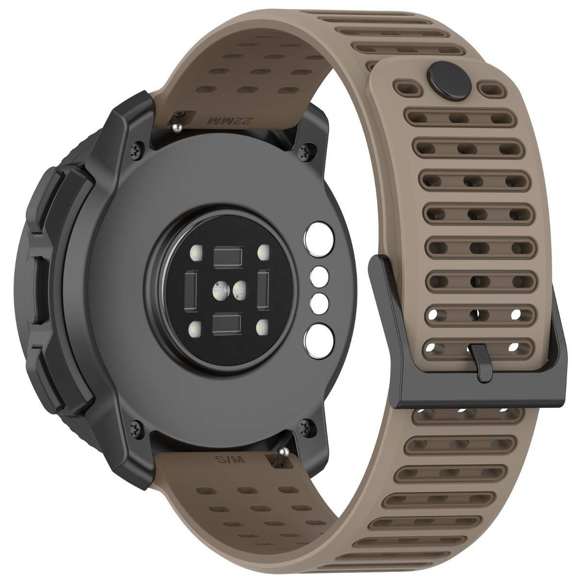 Rückansicht einer robusten schwarzen Smartwatch mit einem beigen durchbrochenen Silikonarmband, zeigt das Sensormodul und die Schaltflächensteuerungen.