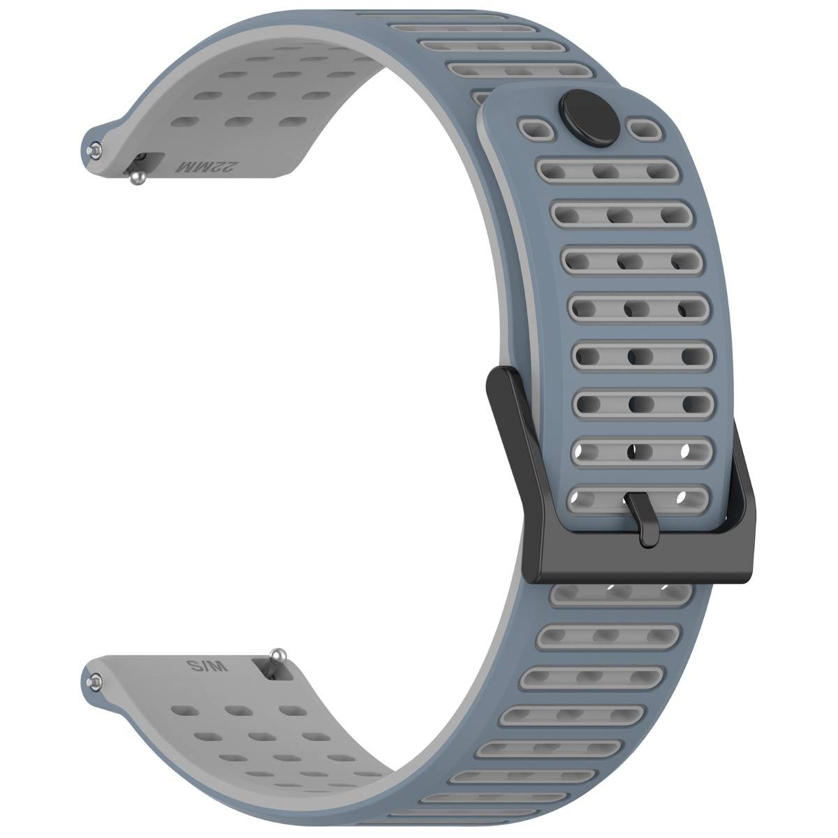 Graues durchlöchertes Smartwatch-Armband mit schwarzer Schließe und dunklem rundem Sensormodul am Armband.