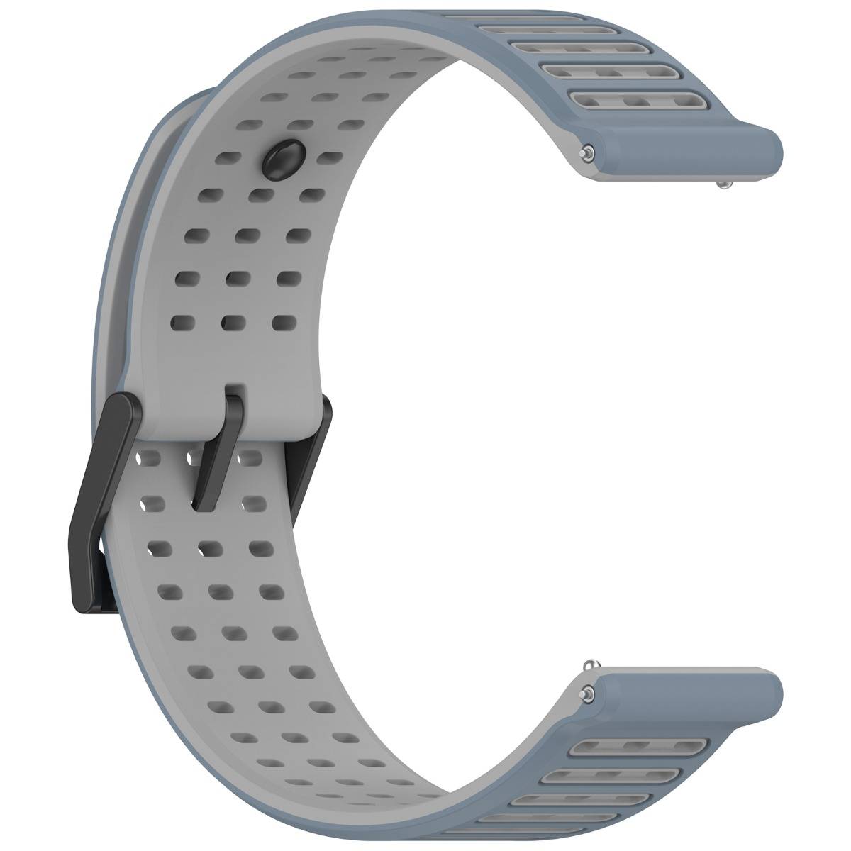 Graues perforiertes Silikonarmband mit schwarzer Schnalle und grauem Verschluss, offen in C-Form auf weißem Hintergrund dargestellt.