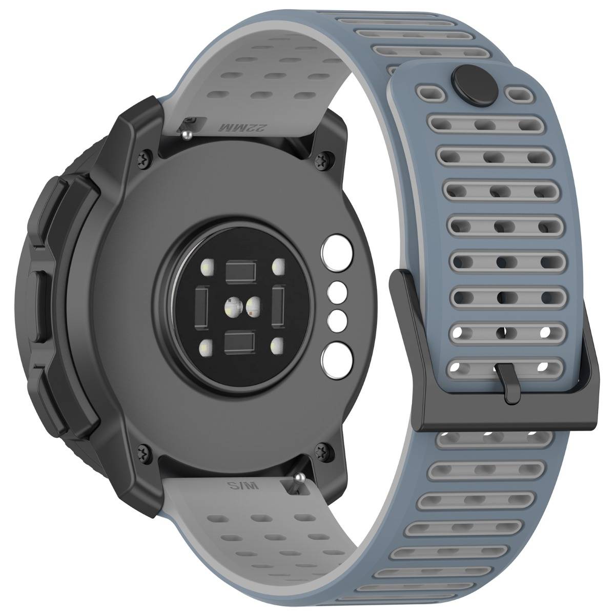 Rückansicht einer runden Smartwatch mit grauem und blauem belüftetem Armband, die die Sensorunterseite und die Seitentasten zeigt.
