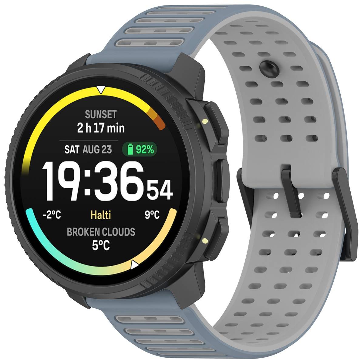Eine runde schwarze Smartwatch mit einem blaugrauen perforierten Armband zeigt 19:36:54, Sonnenuntergang in 2 h 17 min, Datum Sa Aug 23, Akku 92% und Wetter 5°C, Wolkenbruch in Halti.