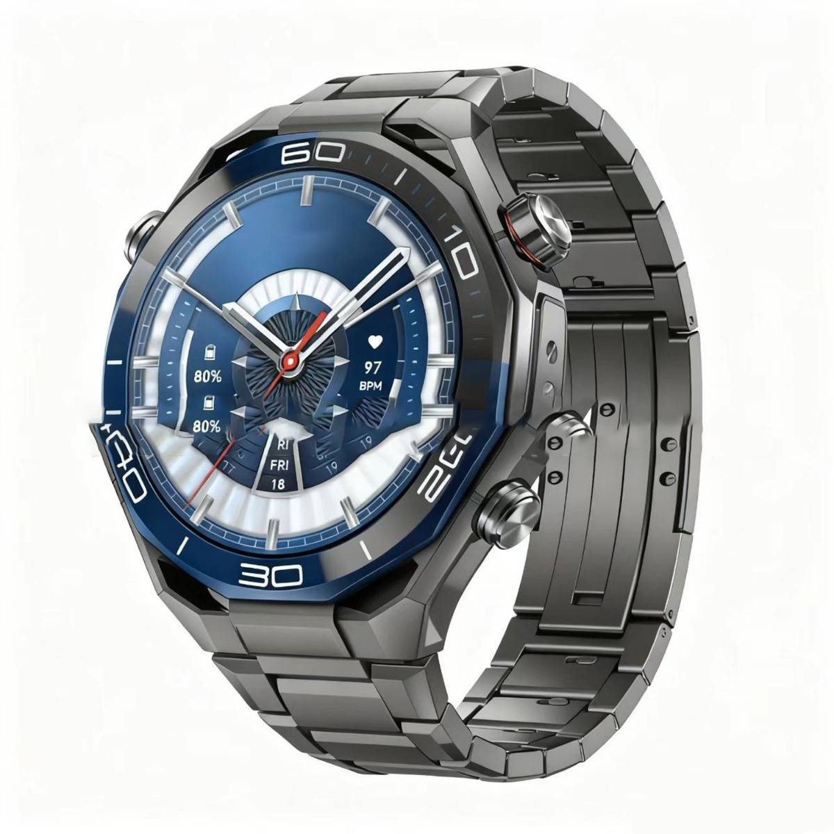 Eine metallisch blaue und silberne Smartwatch mit Analogzeigern und einem digitalen Gesundheitsdisplay, das Akkuladestand, Herzfrequenz und Datum auf weißem Hintergrund anzeigt.