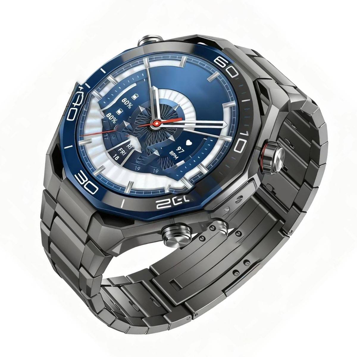 Eine silberne Metallarmbanduhr mit blauem Zifferblatt und Chronograph-Stil-Unteruhren, in einem Winkel auf weißem Hintergrund dargestellt.