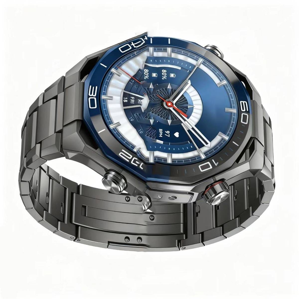 Eine futuristische silberne Armbanduhr mit blauem Zifferblatt, kühnen Ziffern und mehreren Nebenzifferblättern, dargestellt auf weißem Hintergrund.