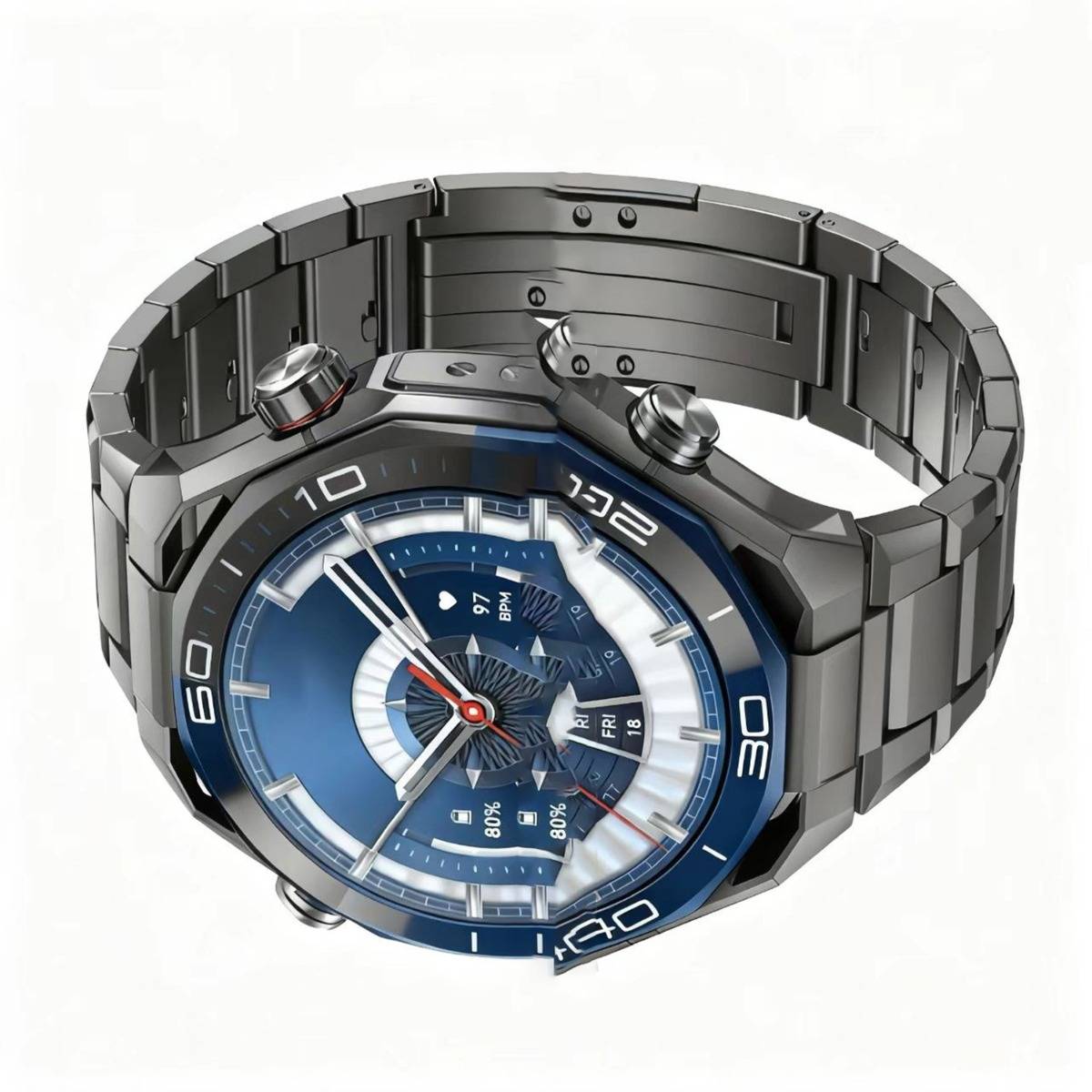 Eine silberne Metallarmbanduhr mit blauem Zifferblatt, Chronograph-Styl-Unterteilzifferblättern und einem Gliedarmband auf weißem Hintergrund.