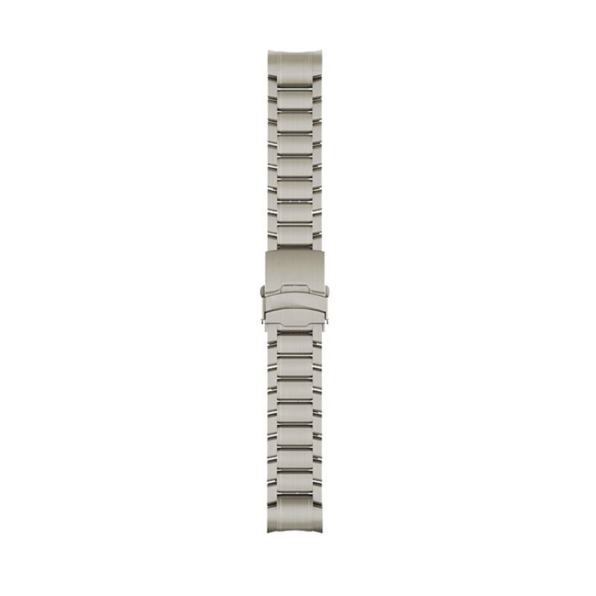 Silbernes Metall-Uhrenarmband mit zentraler Schließe, vertikal auf weißem Hintergrund dargestellt.