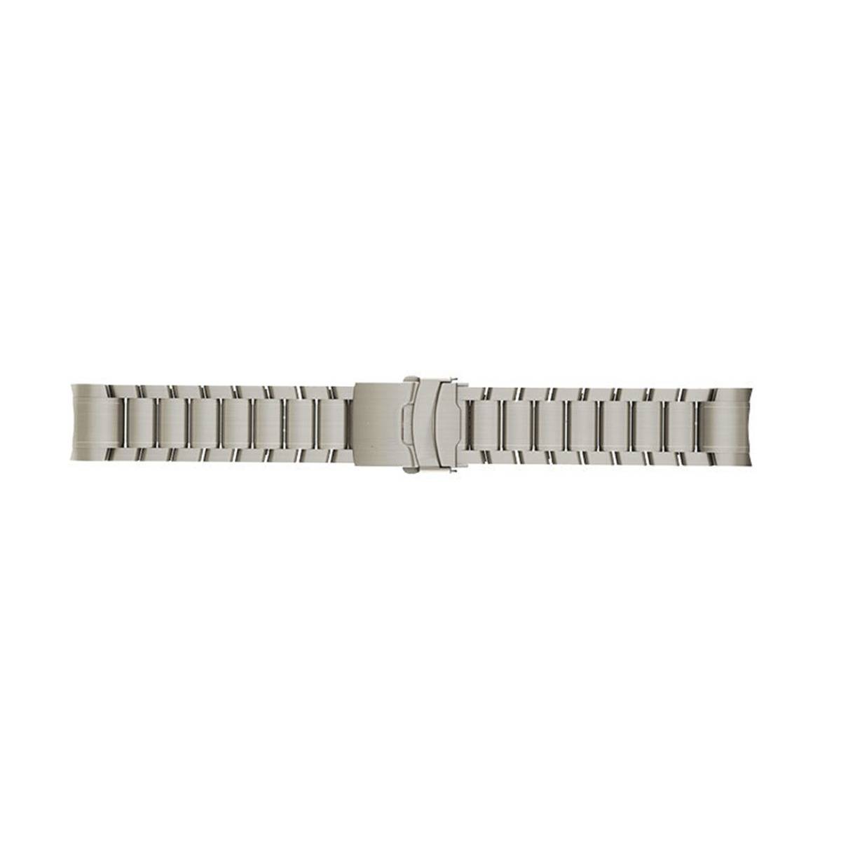 Silbernes Metallarmband mit einer zentralen Schließe, horizontal auf einem einfachen weißen Hintergrund gezeigt.