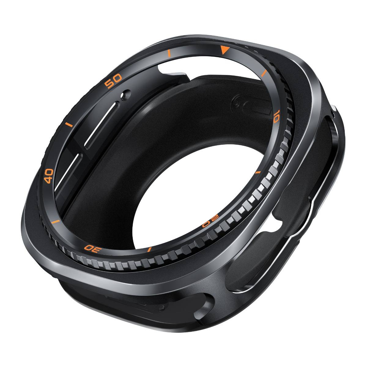 Schwarzer kreisförmiger Uhrenlünette-Ring mit orangefarbenen Minutenmarkierungen und dreieckigem Zeiger, isoliert auf weißem Hintergrund dargestellt.