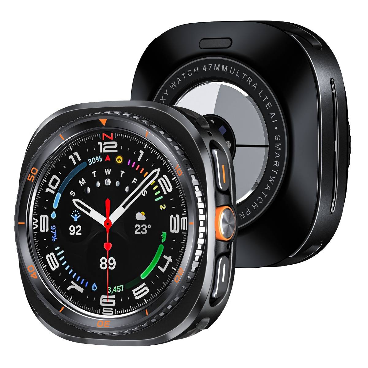 Schwarze Apple Watch Ultra-Style-Smartwatch von vorne und hinten gezeigt, mit analogem Zifferblatt, das die Uhrzeit, das Wetter, Aktivitätsstatistiken und orangefarbene Akzentbuttons anzeigt.