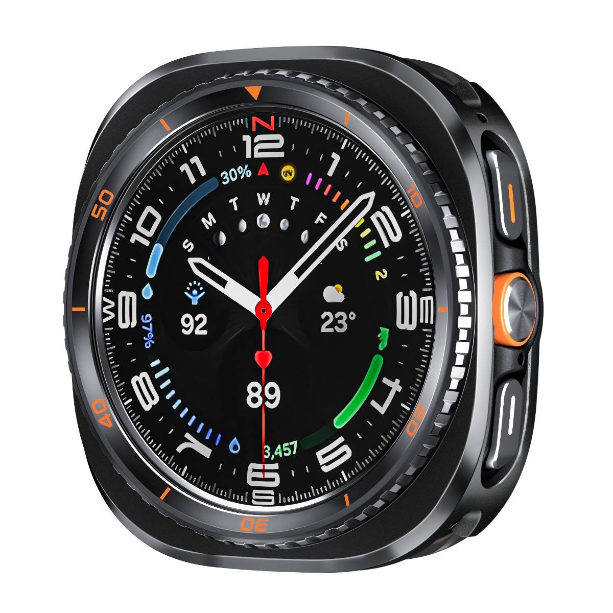 Schwarze Smartwatch mit analogem Zifferblatt, das Wetter, Fitnessdaten, Akkuladestand und Schrittanzahl anzeigt, mit orangefarbenen Akzentsteuerungen