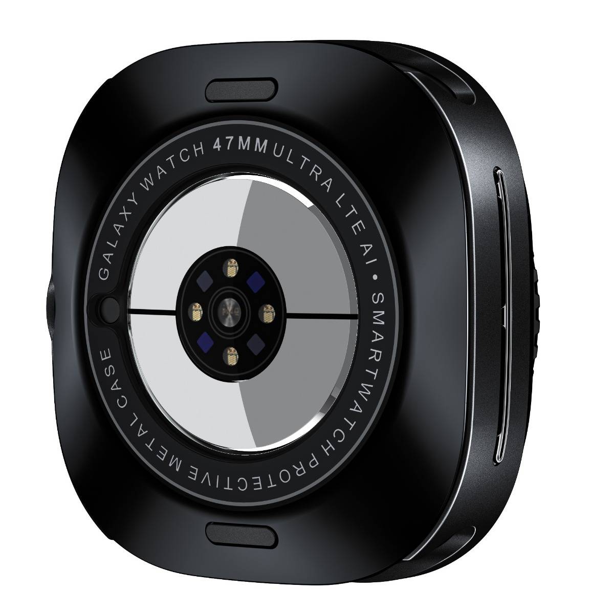 Unterseite einer schwarzen Galaxy Watch 47mm Ultra Smartwatch mit kreisförmigem Sensor und Ladekontakten.