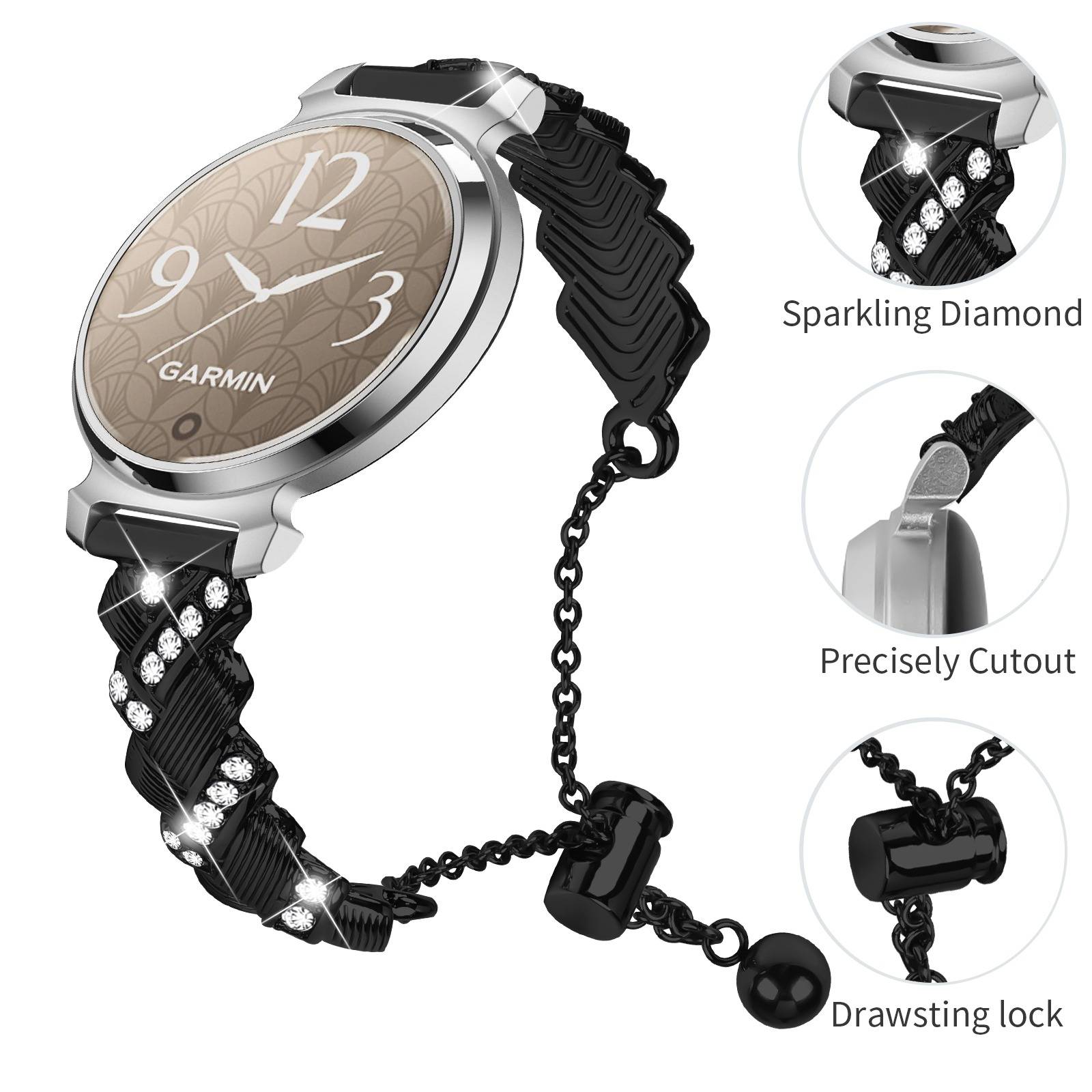 Garmin Lily 2 Kompatibles Herz-Diamant-Armband - Stilvolles Halbreif aus Zinklegierung Black