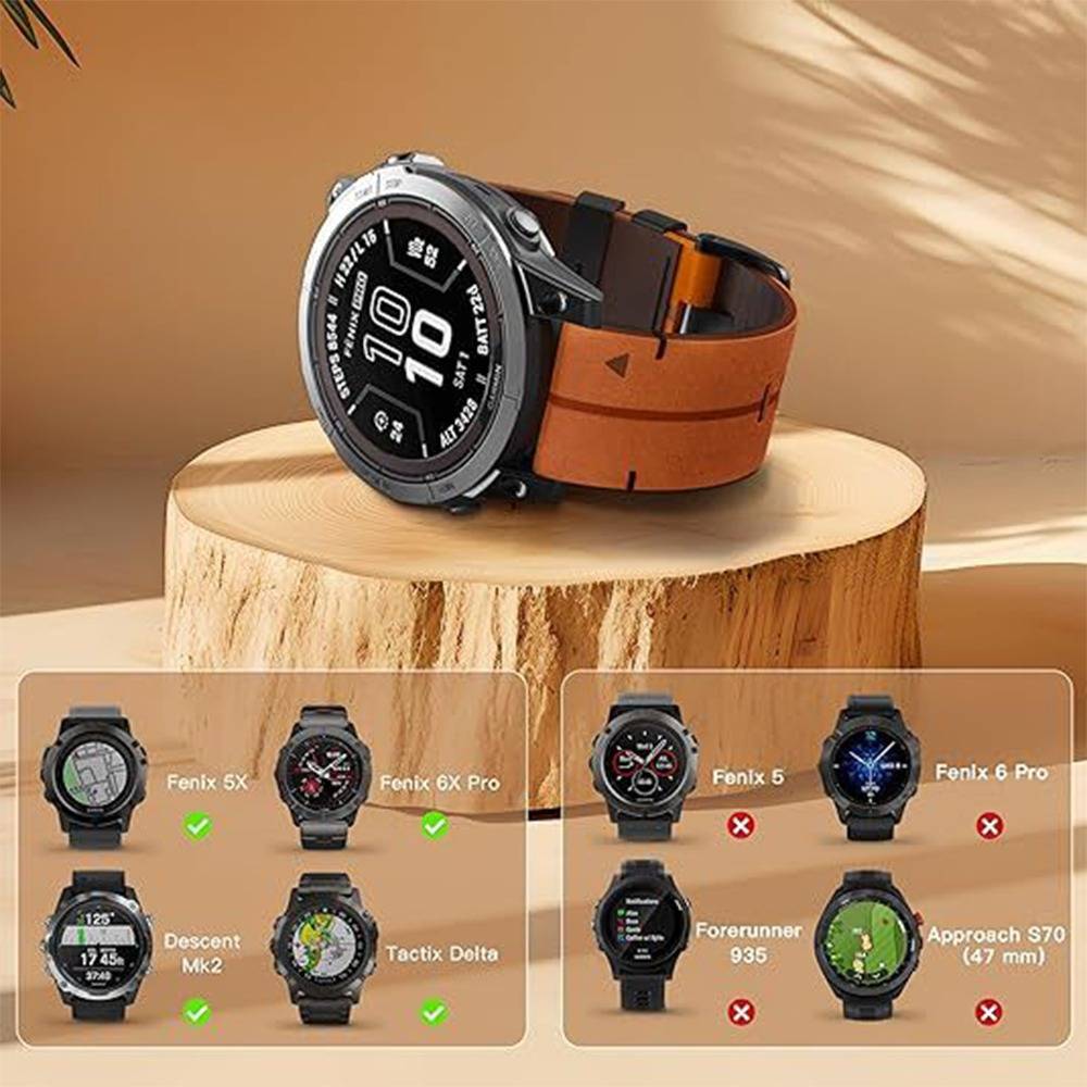 22mm Lederarmband mit Schnellverschluss, kompatibel mit Garmin Fenix 8/7/6/5 Serie Brown