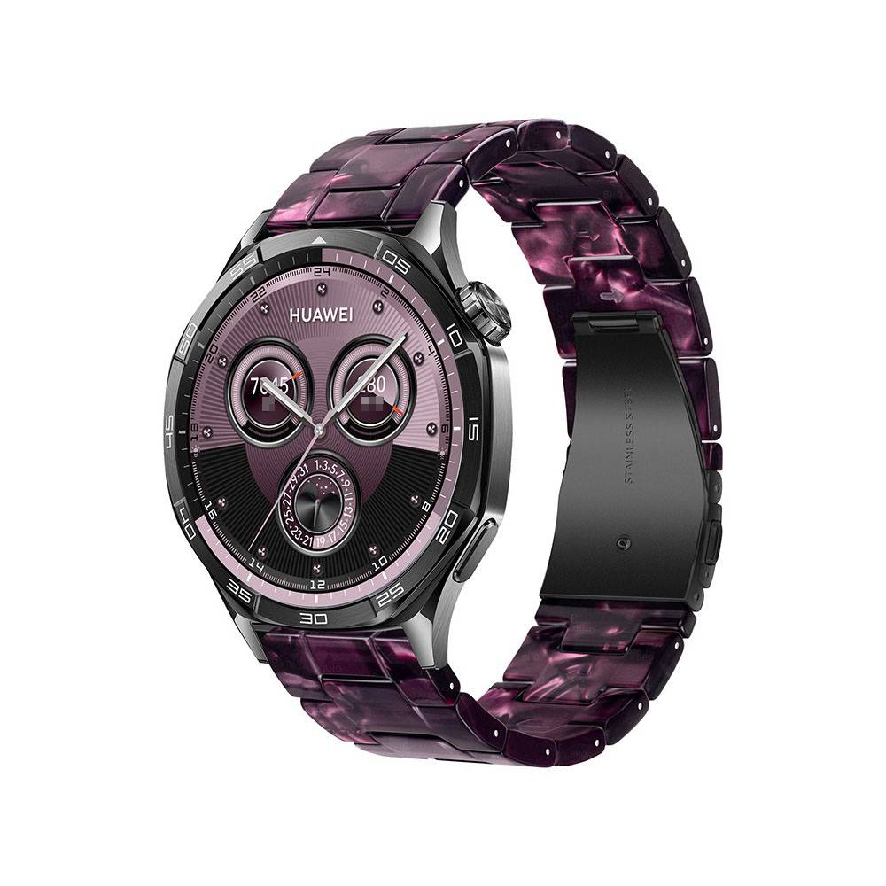 Lila Huawei-Smartwatch mit rundem analogem Zifferblatt, schwarzer Lünette und passendem durchscheinendem lilafarbenem Armband auf weißem Hintergrund.